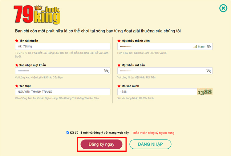 Điền thông tin tài khoản khi đăng ký 79King