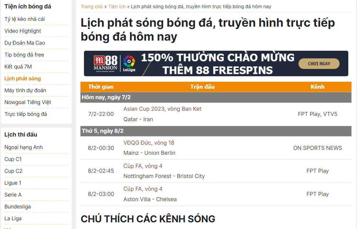 Lịch phát sóng các trận đấu thuộc giải bóng đá lớn nhỏ hiện nay